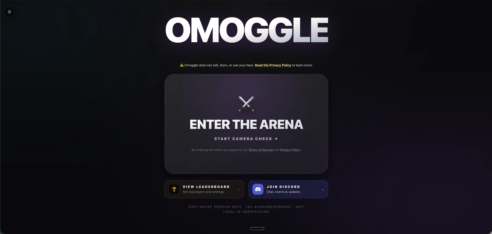 The Omoggle homepage — ENTER THE ARENA